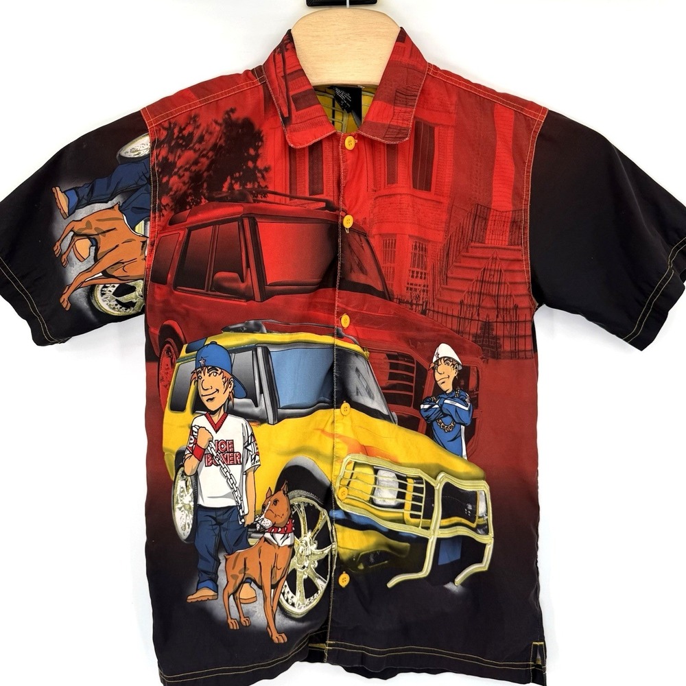 Joe Boxer Button Up Mens 14/16 Red Graphic Print Urban SUV Streetwear Shirt